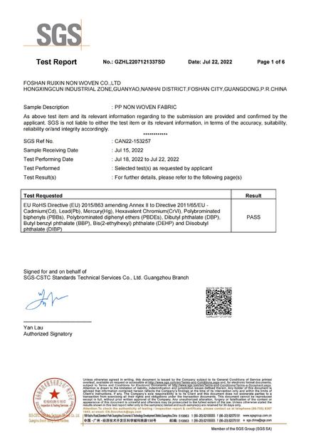 중국 FOSHAN RUIXIN NON WOVEN CO.,LTD 인증