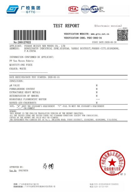 중국 FOSHAN RUIXIN NON WOVEN CO.,LTD 인증
